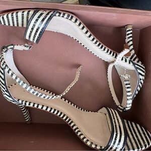 Coach Black and White Striped Ankle‑Strap Heels
